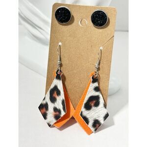 Leopard Print Vegan Leather Dangle & Crystal Round Earrings Orange Black 2 Pairs